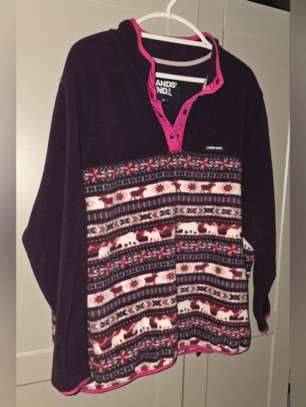 Lands' End Womens 1/4 Snap Heritage Fleece Pullover 3x/ Purple Fair Isle
